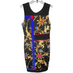 Joseph Ribkoff dress womens size 10 Black Paisley floral Chain‎ Panel bodycon